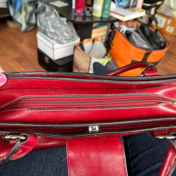 Gorgeous Red Leather Satchel Handbag With many inside Compartments.  13”x6” - Picture 8 of 9